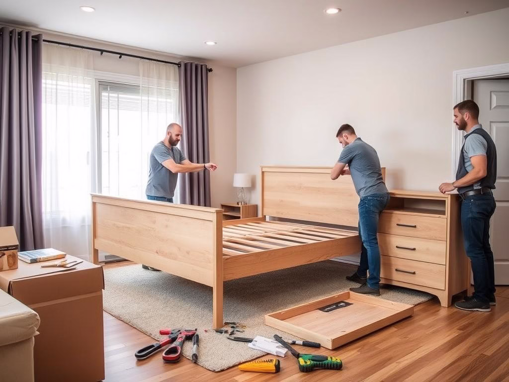 عمال يقومون بتركيب أثاث في منزل جديد بالقصيم بعد نقله من الدمام عمال يقومون بتركيب أثاث في منزل جديد بالقصيم بعد نقله من الدمام