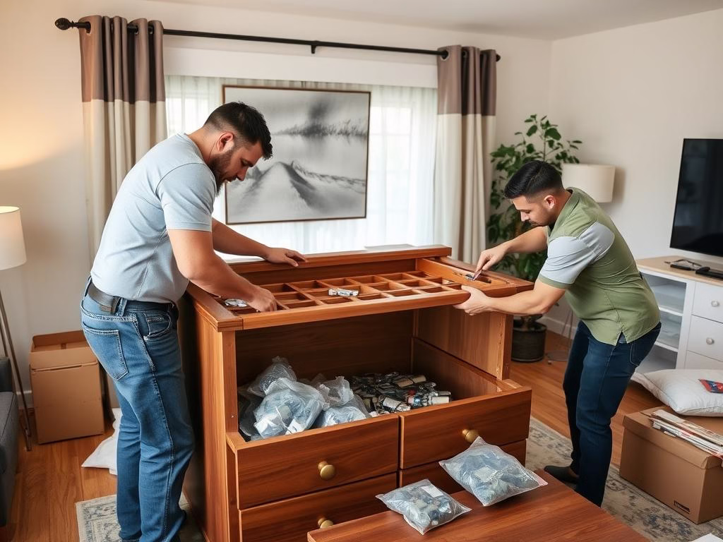 عمال يقومون بفك أثاث منزلي في الدمام استعداداً لنقله إلى القصيم عمال يقومون بفك أثاث منزلي في الدمام استعداداً لنقله إلى القصيم