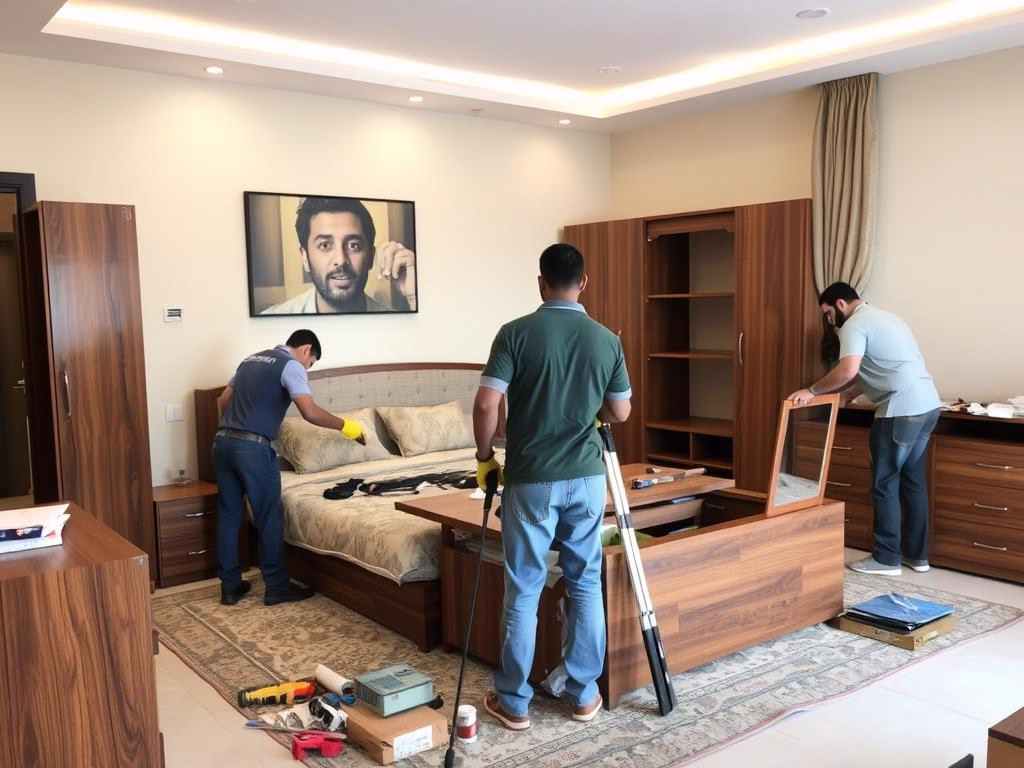 عملية تركيب الأثاث بعد نقله من الخبر إلى الجبيل عملية تركيب الأثاث بعد نقله من الخبر إلى الجبيل