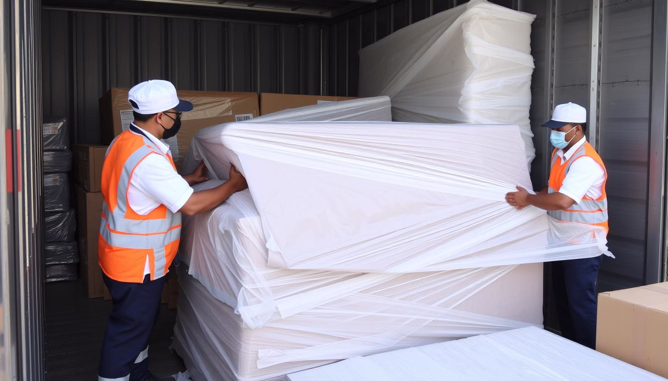 فريق متخصص في نقل عفش من الطائف إلى تربة يقوم بتغليف الأثاث بعناية