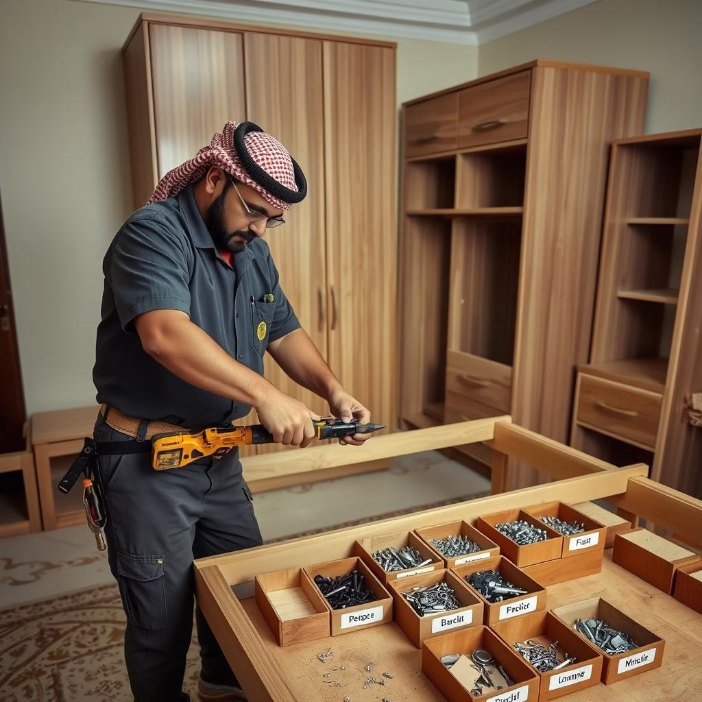 نجار محترف يقوم بفك غرفة نوم قبل نقلها من الباحة إلى الجبيل الصناعية نجار محترف يقوم بفك غرفة نوم قبل نقلها من الباحة إلى الجبيل الصناعية