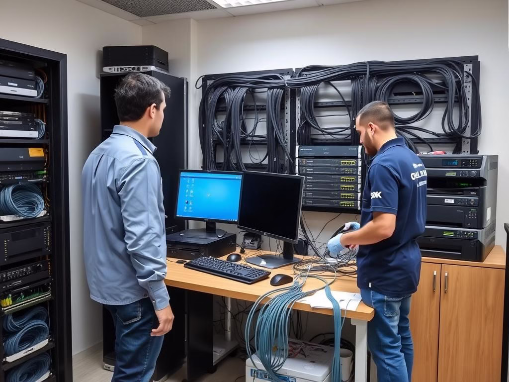 توصيل وتنظيم كابلات وأجهزة إلكترونية في مكتب جديد بواسطة فنيين من شركة نقل أثاث شركات بجدة توصيل وتنظيم كابلات وأجهزة إلكترونية في مكتب جديد بواسطة فنيين من شركة نقل أثاث شركات بجدة