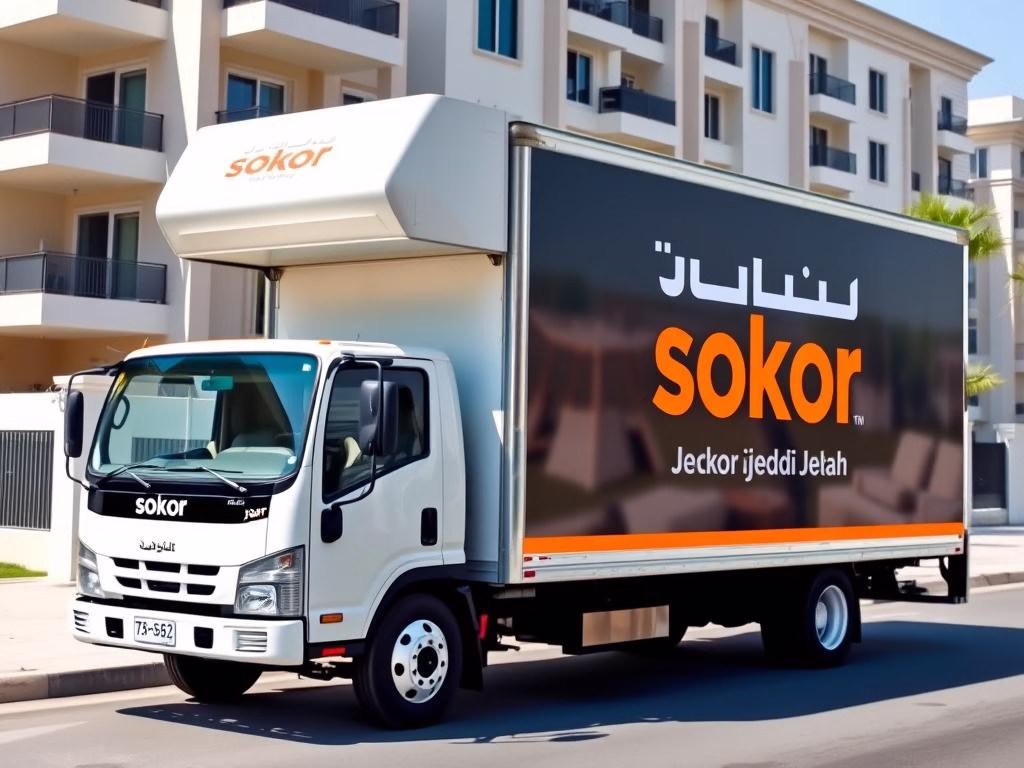 شاحنة نقل عفش تابعة لشركة صقور جدة متوقفة أمام منزل في جدة شاحنة نقل عفش تابعة لشركة صقور جدة متوقفة أمام منزل في جدة