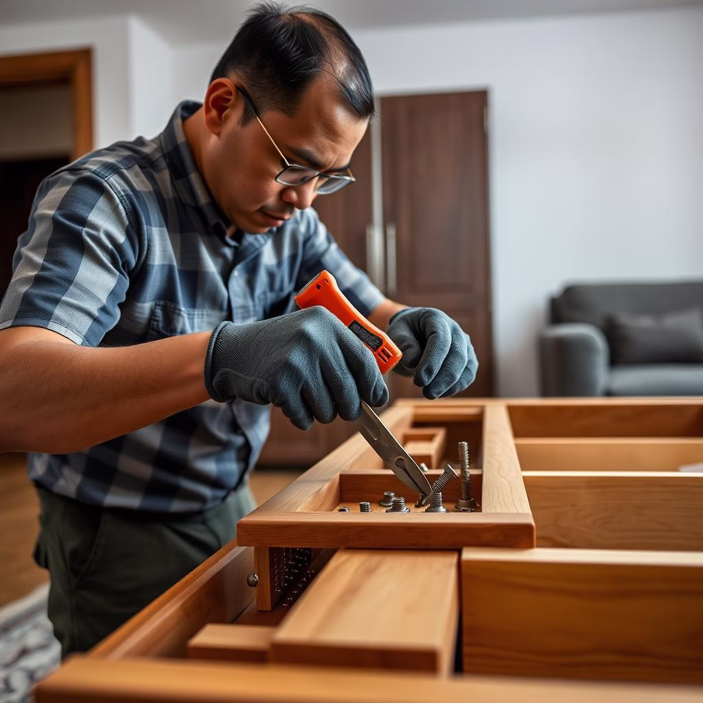 عامل فلبيني يقوم بفك قطع الأثاث بدقة عالية في جدة عامل فلبيني يقوم بفك قطع الأثاث بدقة عالية في جدة