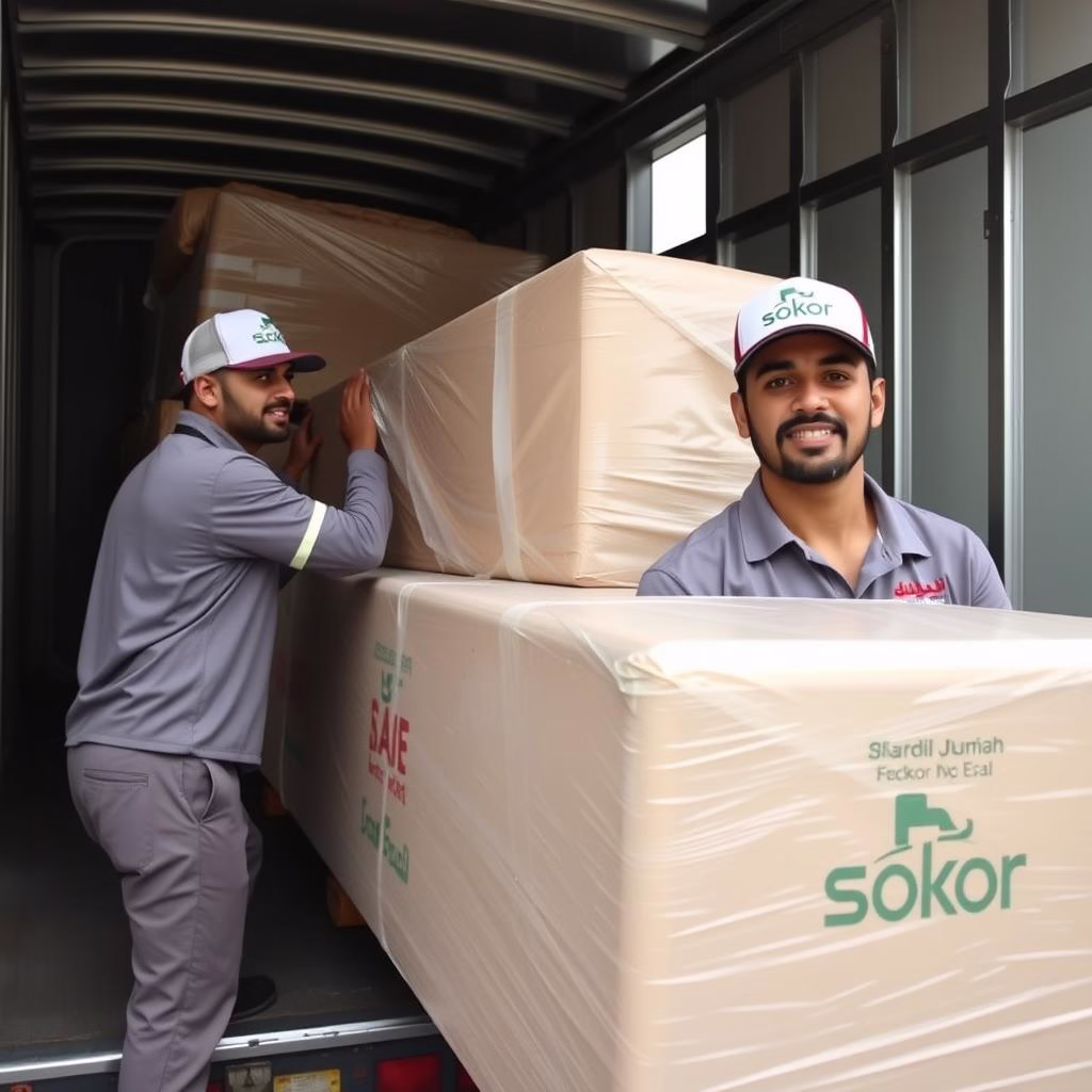 عمال شركة صقور جدة يقومون بتحميل الأثاث بعناية في شاحنة نقل العفش عمال شركة صقور جدة يقومون بتحميل الأثاث بعناية في شاحنة نقل العفش