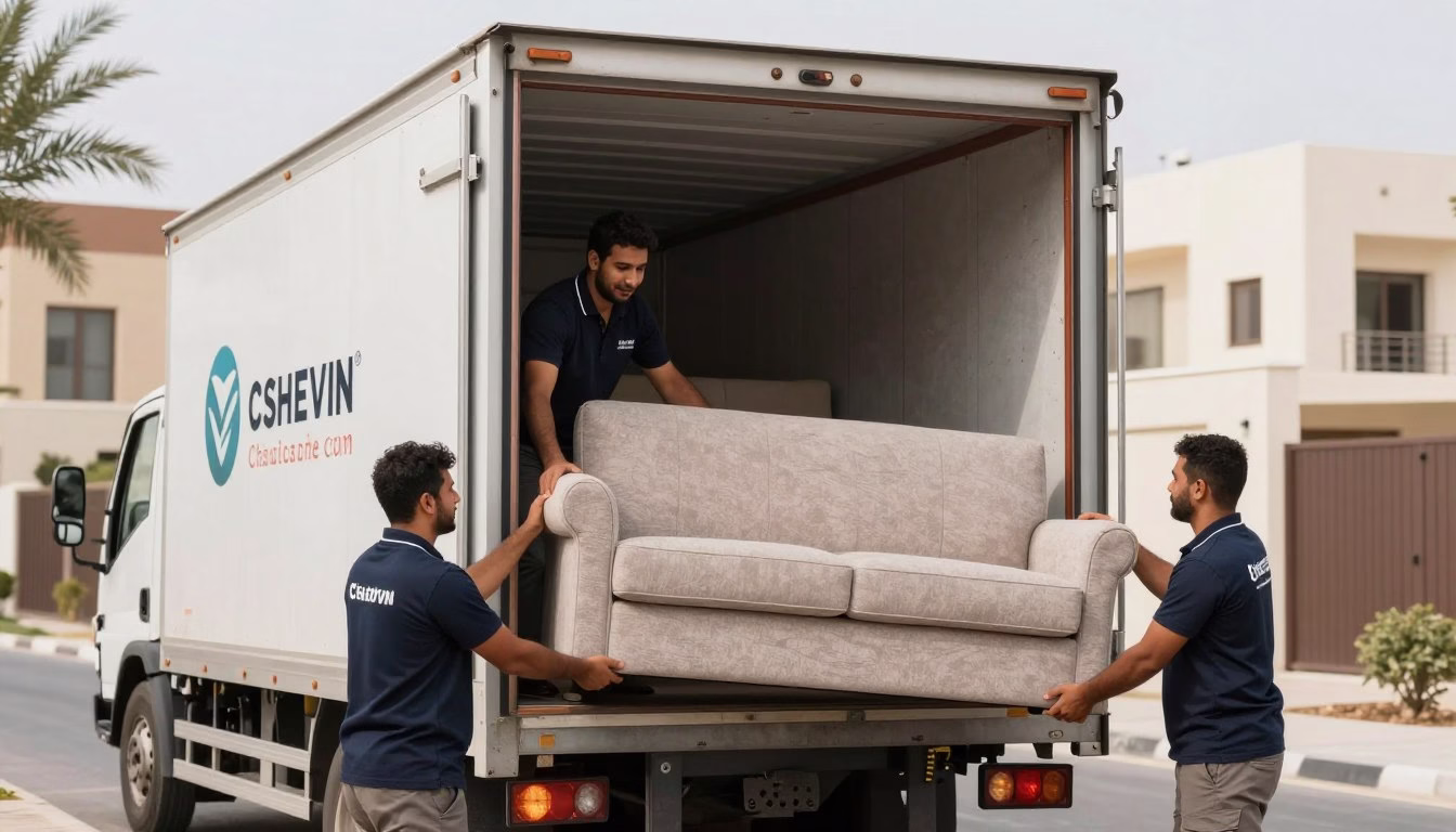 شركة نقل عفش من الدمام إلى الجبيل تقوم بتحميل الأثاث في شاحنة مغلقة