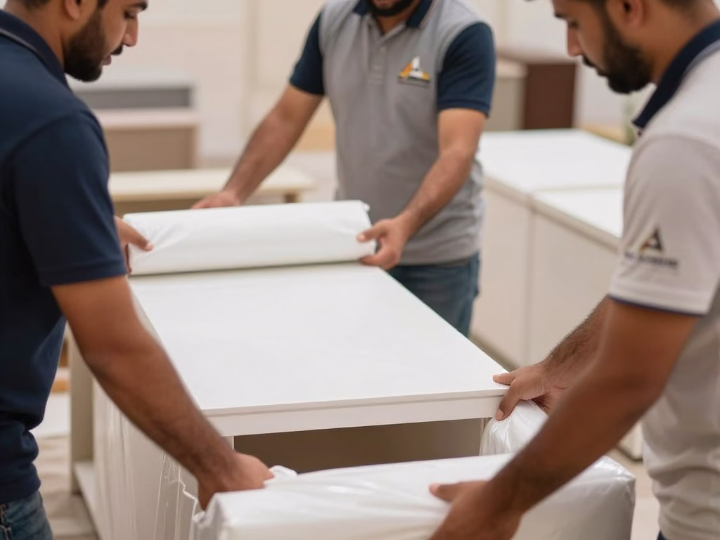 فريق نقل عفش حي البوادي جدة يقوم بتغليف الأثاث بعناية فريق نقل عفش حي البوادي جدة يقوم بتغليف الأثاث بعناية