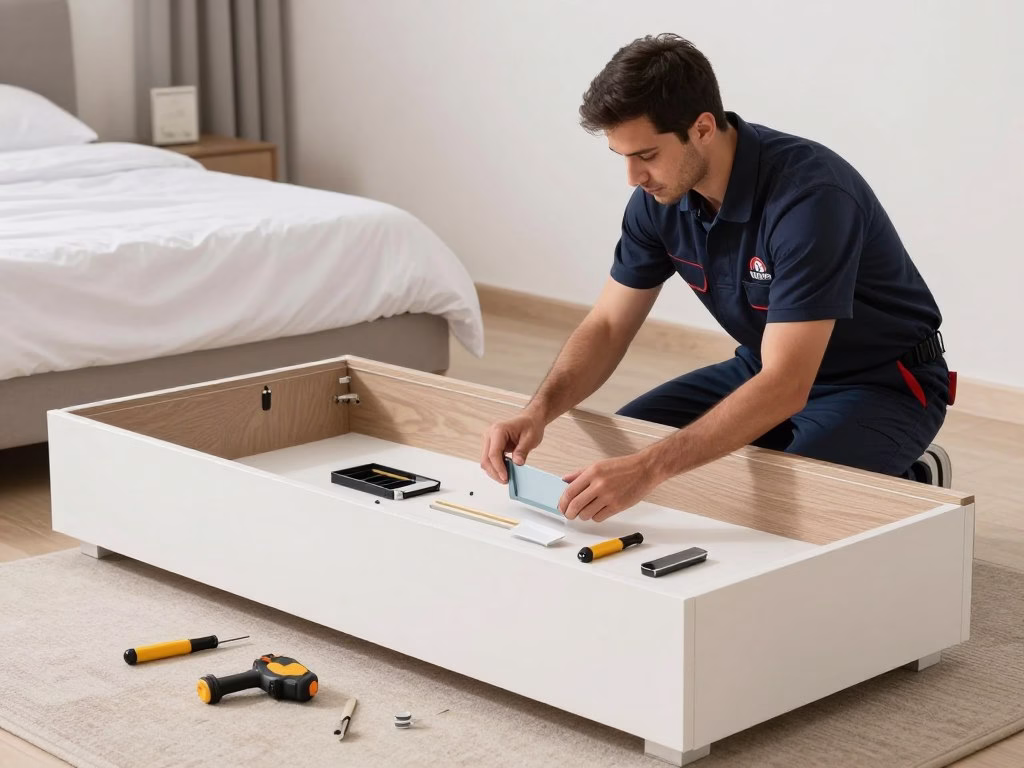 فني متخصص يقوم بفك غرفة نوم استعدادًا للنقل من الدمام إلى الجبيل فني متخصص يقوم بفك غرفة نوم استعدادًا للنقل من الدمام إلى الجبيل